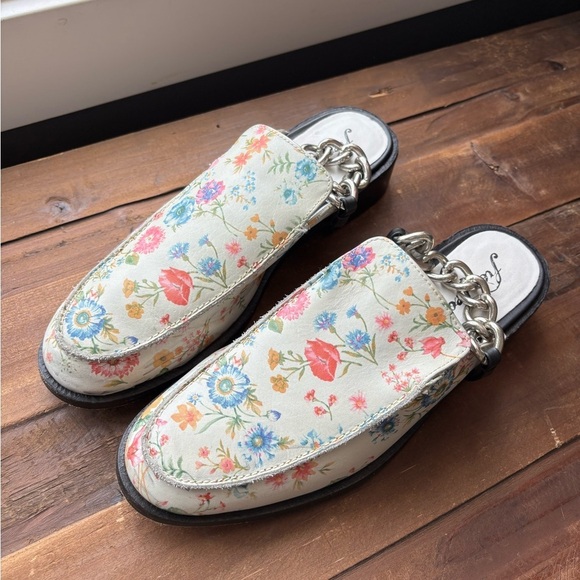 Free People Vida Floral Chain Block Heel Leather Mules Size 40 - Picture 3 of 10